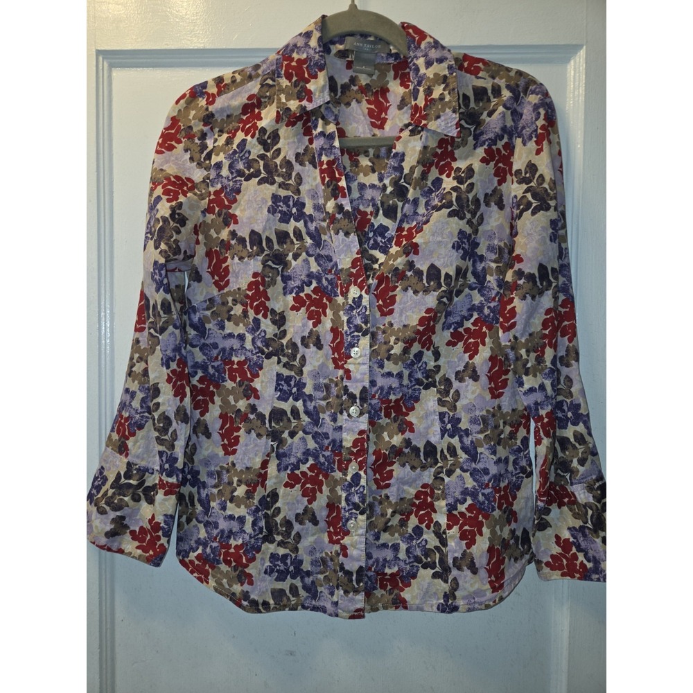 Ann Taylor Floral Woven Cotton Button-Up Collared Long Sleeve Blouse 6